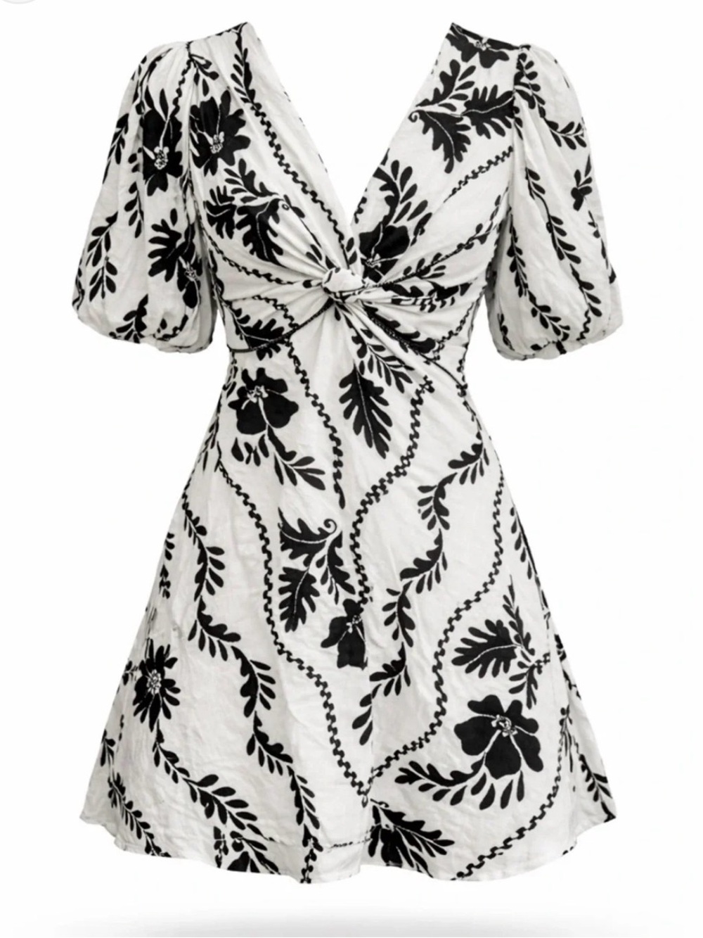 White Closet Elements Black & White Floral Twist-Front Dress Medium